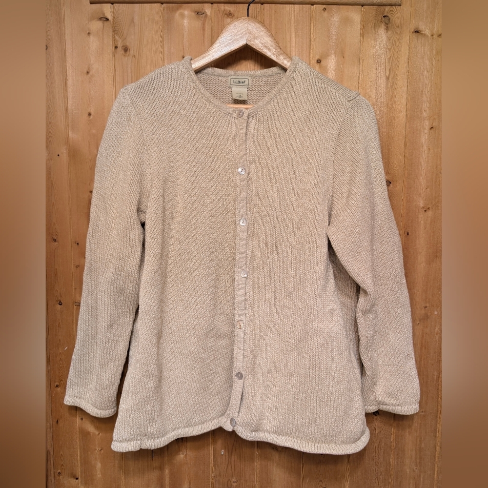 L.L. Bean Beige Tan Cozy Cotton Knit Grandma Cardigan Sweater